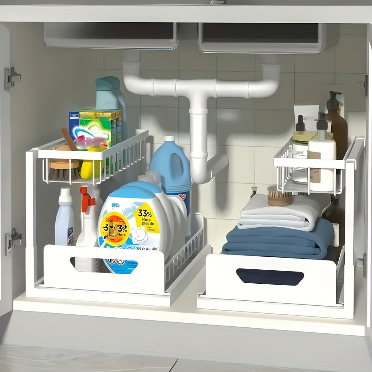 Organisateur sous évier à 2 niveaux, tiroir coulissant en métal pour rangement de cuisine, salle de bain ou plan de travail, accessoires de rangement et étagère.