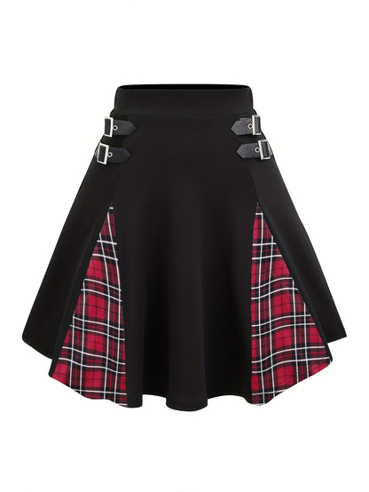 Mini-jupe trapèze gothique à carreaux avec boucle pour femme, jupe en tricot style Y2K à blocs de couleurs, noir gris rouge bleu violet S M L XL XXL