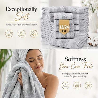 Ensemble de 12 ou 24 débarbouillettes en coton – Qualité hôtel, très absorbantes et à séchage rapide pour salle de bain, spa, salle de sport et maison, gris foncé, bleu, blanc, violet, orange
