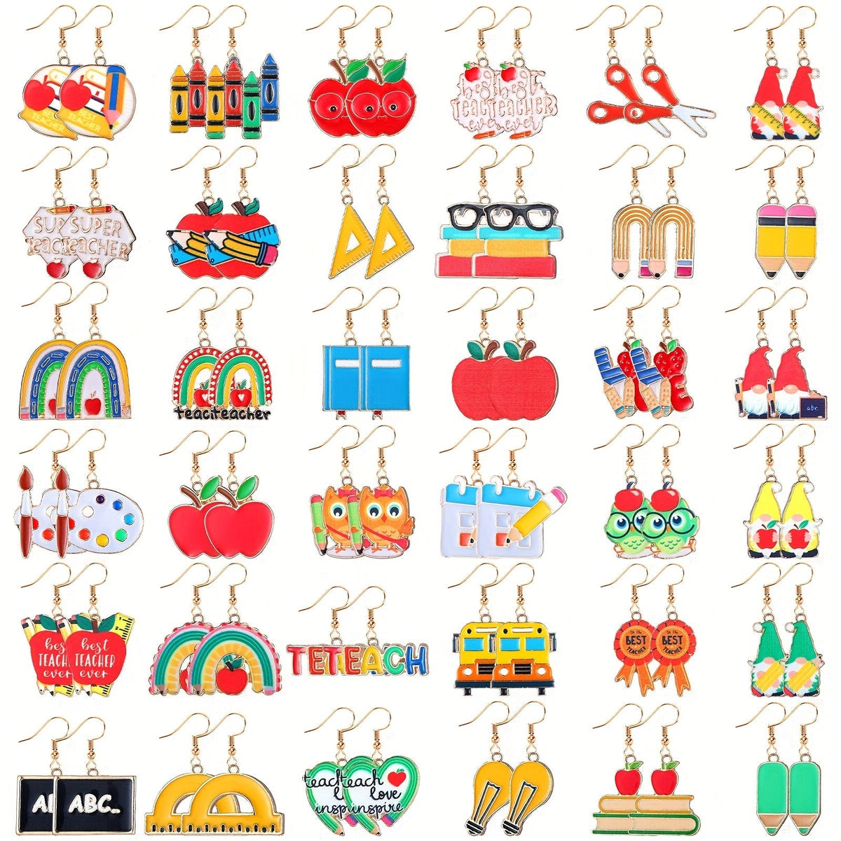 Lot de 36 paires de boucles d'oreilles pour enseignante - Motifs livre, crayon, règle et pomme, styles puces et pendantes - Cadeau de rentrée scolaire, cadeau de remerciement, cadeau de fête ou de Noël