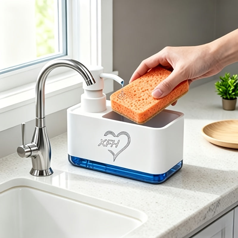 Distributeur de savon 2-en-1 avec porte-éponge intégré pour évier de cuisine – Distributeur à pompe pour comptoir pour savon à mains et vaisselle, distributeur de détergent, recharge facile, organisateur de cuisine idéal