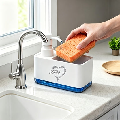 Distributeur de savon 2-en-1 avec porte-éponge intégré pour évier de cuisine – Distributeur à pompe pour comptoir pour savon à mains et vaisselle, distributeur de détergent, recharge facile, organisateur de cuisine idéal