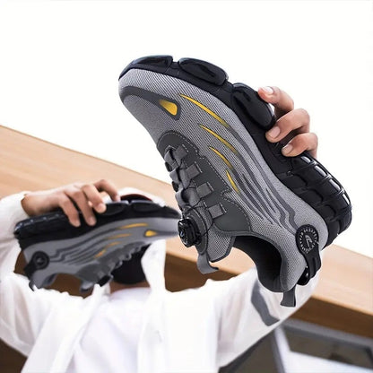 Chaussures de travail respirantes pour hommes – Chaussures de sécurité durables avec bandes réfléchissantes, semelle légère et amortissante pour l'industrie, la construction et un usage quotidien, disponibles en noir et gris, tailles US 6 à 11