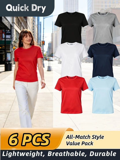 Lot de 6 t-shirts de sport pour femme, respirants, anti-transpirants et doux pour la peau, parfaits pour le sport en extérieur, la salle de gym ou le quotidien – Couleurs assorties, tailles XS-XXL
