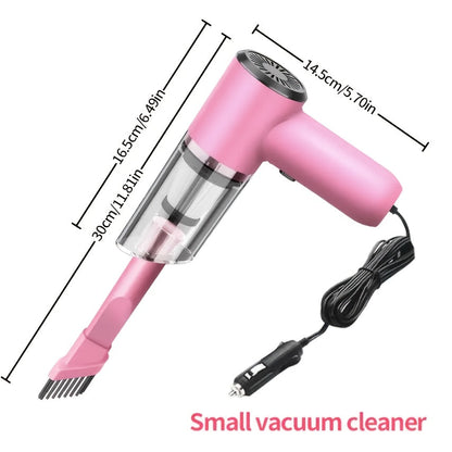 Aspirateur de voiture portable 12 V, aspirateur filaire puissant pour poils d'animaux et poussière, moteur silencieux, kit d'accessoires inclus, design compact pour le nettoyage intérieur de voiture – Rose
