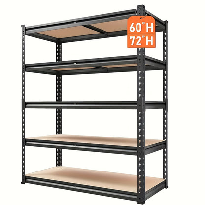 Étagère métallique robuste à 5 niveaux, capacité de 2000 lb, support de rangement pour garage | Étagère en acier réglable de 72 po et 60 po de hauteur pour garage, sous-sol, garde-manger, placard, buanderie – Noir