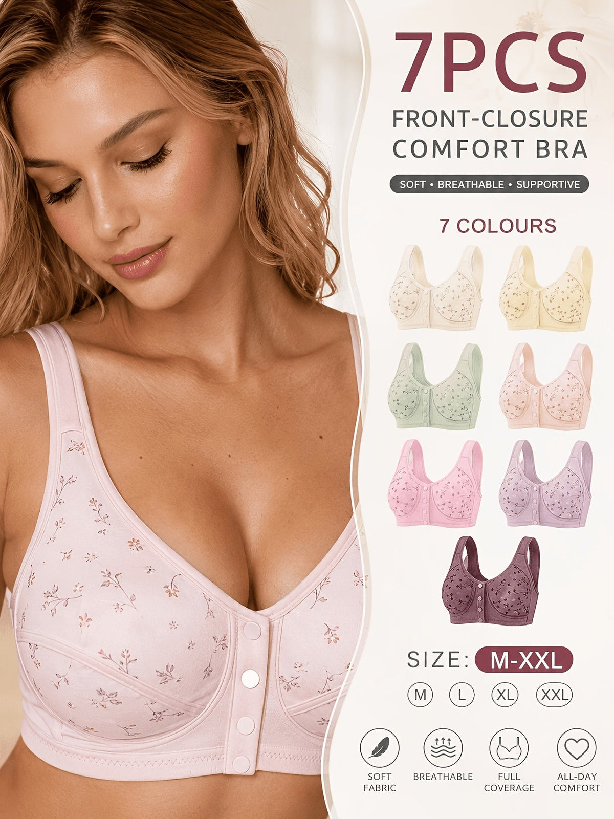 Lot de 7 soutiens-gorge sans couture pour femmes – Bralettes douces à fermeture frontale, sans armature, confortables et respirantes pour le quotidien, le yoga, les voyages et les festivals, tailles S-XXL