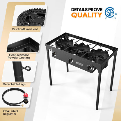 Réchaud à propane haute pression 100 000 - 225 000 BTU - Réchaud de camping extérieur robuste en fonte avec pieds détachables, régulateur certifié CSA, 1 ou 3 brûleurs pour le camping, les fêtes d'avant-match et le brassage