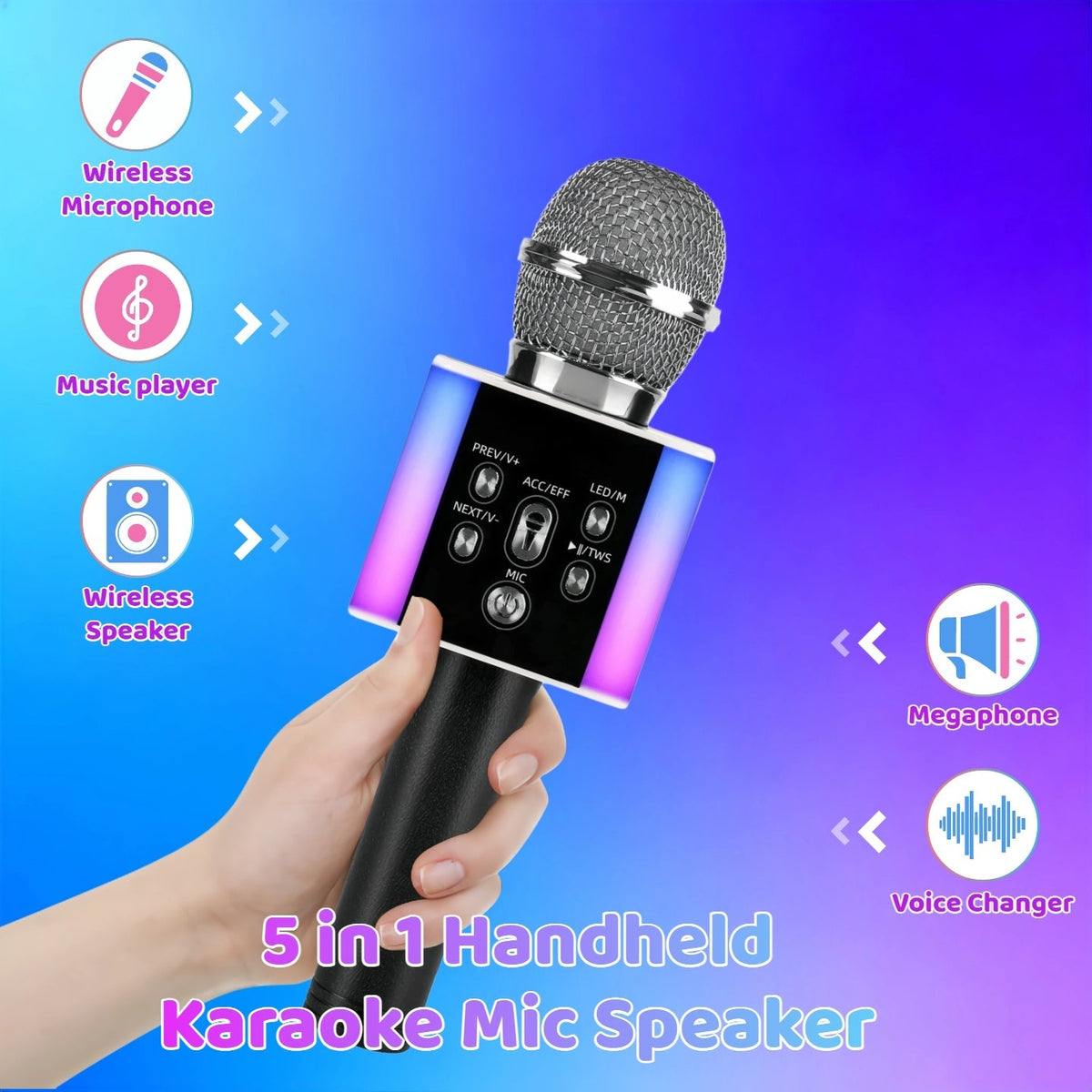 Microphone karaoké sans fil 5-en-1 avec haut-parleur intégré, lumières LED et changeur de voix – Micro de chant Bluetooth portable pour fêtes, réunions de famille, voyages et activités en plein air, 10 couleurs