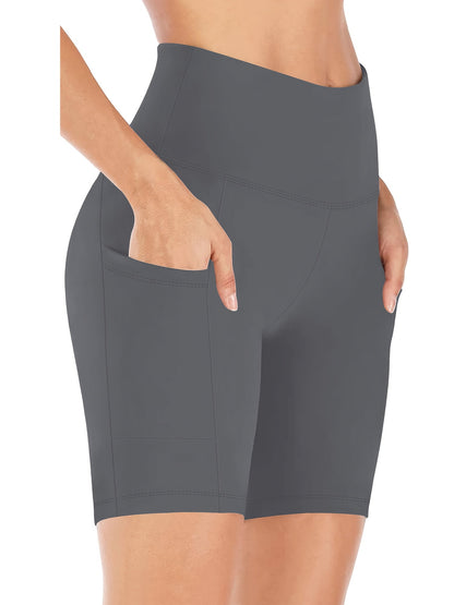 Short de yoga taille haute pour femme – Short de sport extensible 4 directions, anti-transpirant, avec ceinture élastique et poches latérales pour la course, le vélo et l'entraînement – Noir, gris foncé et bleu marine, tailles S-XXL