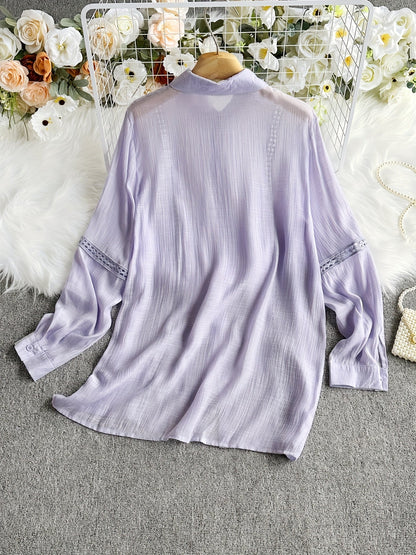Women's Lace Patchwork Button-Up Long Sleeve Shirt Elegant Semi-Sheer Blouse White XS S M L XL XXL Vacation Date Office Fashion Top