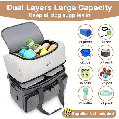 Dog Travel Bag with 2 Extra-Large Food Containers & 2 Collapsible Bowls – Dual-Layer Multi-Pocket Pet Organizer for Road Trips & Camping, Waste Bag Dispenser, Feeding Mat, All Dog Sizes, Gray
