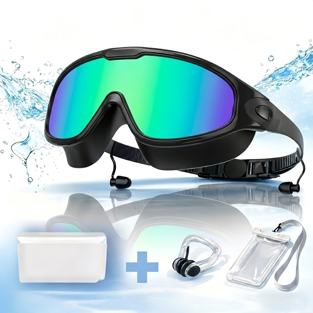 Lot de 2 lunettes de natation antibuée avec bouchons d'oreilles, pince-nez et sac étanche – Lunettes de natation avec protection UV pour hommes, femmes et adolescents, kit d'accessoires pour piscine extérieure et sports nautiques