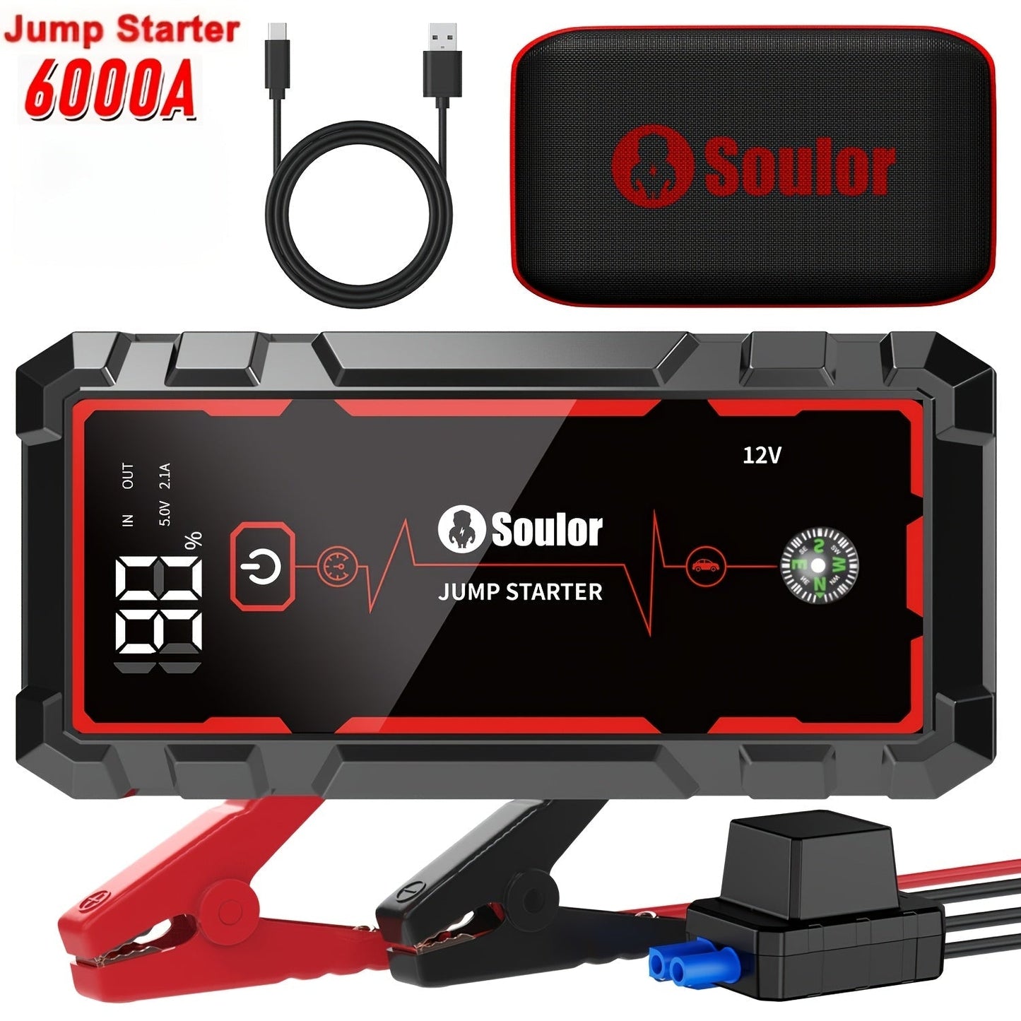 Portable Car Jump Starter 3000A-6000A – 12V Lithium Battery Booster Pack, Dual USB QC 3.0 Fast Charging Power Bank, LED Light & Compass, Fits All Gas Engines