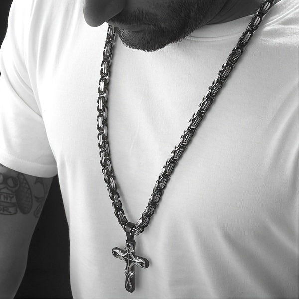 Ensemble de colliers croix en acier inoxydable pour homme, 2 pièces, chaîne cubaine avec pendentif croix, bijoux rétro hip-hop pour homme - Collier imposant, cadeau pour lui, anniversaire, Noël