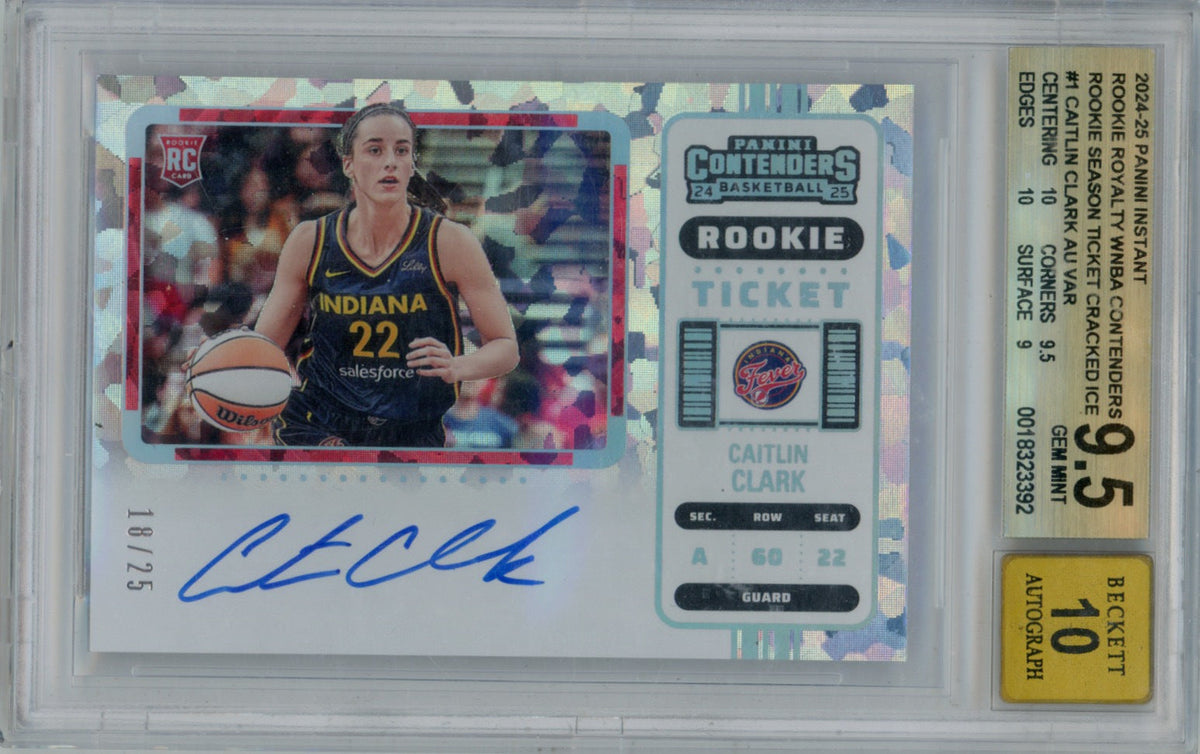 Carte Panini Instant Contenders WNBA 2024-25 Caitlin Clark #1, variante Cracked Ice, autographiée 18/25 - Certifiée BGS 9.5 / AUTO 10 | Carte d'investissement rookie autographiée ultra-rare