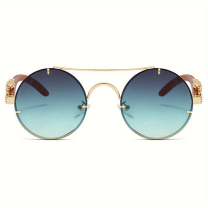Lunettes de soleil rondes à monture en métal avec verres dégradés pour hommes et femmes – Luxe, double pont, détails léopard sur les charnières, verres en polycarbonate dégradés, étui inclus, style chic pour les vacances et la ville