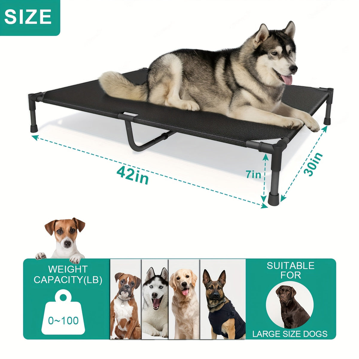 Lit surélevé rafraîchissant pour chien et panier extérieur - Lit pour animal de compagnie avec filet respirant lavable, montage sans outil, pieds antidérapants pour chiens de grande, moyenne et petite taille, usage intérieur et extérieur