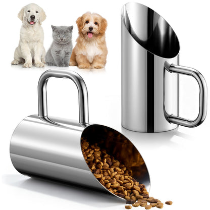 Set de 2 pelles à croquettes en acier inoxydable - Doseurs pour animaux de 45 ml et 355 ml durables avec poignée ergonomique antidérapante, résistants à la rouille et faciles à nettoyer pour croquettes et seaux de nourriture