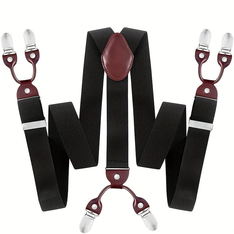 Bretelles pour homme en Y, cuir PU, robustes, avec 6 pinces métalliques – Style vintage élastique et réglable, noir, gris, bleu marine, blanc, café, beige, rouge vin, tenue décontractée et formelle