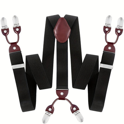 Bretelles pour homme en Y, cuir PU, robustes, avec 6 pinces métalliques – Style vintage élastique et réglable, noir, gris, bleu marine, blanc, café, beige, rouge vin, tenue décontractée et formelle