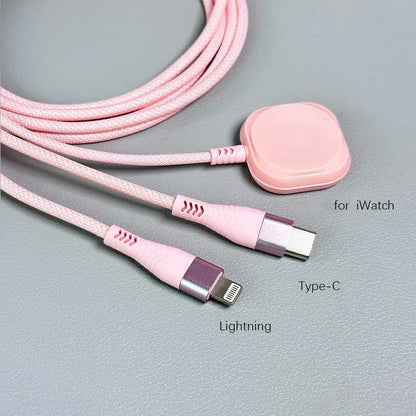 Câble de charge 3 en 1 avec chargeur magnétique pour iWatch – Cordon de charge rapide USB-A vers Lightning et Type-C en nylon tressé, 120 cm, compatible avec iPhone, Apple Watch Series 1-10 et téléphones Android