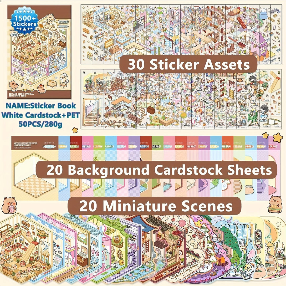 Livre d'autocollants de scènes 3D pour enfants 1500 pièces - Kit de scrapbooking créatif avec 20 cartes de scènes, 30 types de matériaux, autocollants de paysages des quatre saisons, ensemble d'activités artistiques et artisanales éducatives pour enfants