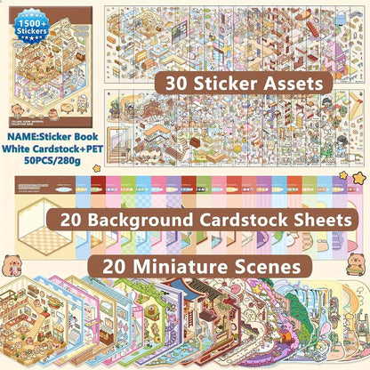 Livre d'autocollants de scènes 3D pour enfants 1500 pièces - Kit de scrapbooking créatif avec 20 cartes de scènes, 30 types de matériaux, autocollants de paysages des quatre saisons, ensemble d'activités artistiques et artisanales éducatives pour enfants