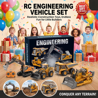 Coffret cadeau véhicule de chantier radiocommandé 4-en-1 - Excavatrice, camion benne et bulldozer télécommandés 2,4 GHz à 11 canaux, jouets de construction en alliage et plastique pour enfants, garçons et débutants