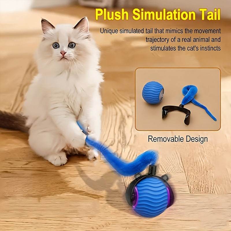 Jouet pour chat à balle roulante automatique, interactif à 360 degrés avec queue, double réglage de vitesse, anti-ennui pour chats d'intérieur, bleu orange