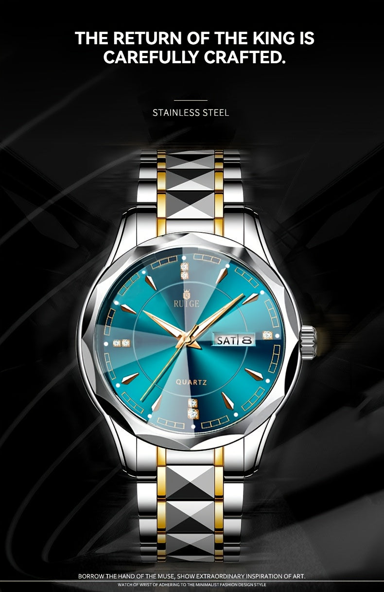 Montre à quartz pour homme RUIGE – Veilleuse, double calendrier, cadran à facettes façon diamant, boîtier en acier inoxydable, bracelet en alliage, montre-bracelet business décontracté, cadeau idéal pour la fête des pères