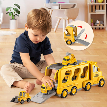 Ensemble de 5 véhicules de chantier pour enfants de 2 ans et plus - Camions de construction à friction avec véhicule de transport, cadeau d'anniversaire ou de Noël pour tout-petits, couleurs des accessoires aléatoires