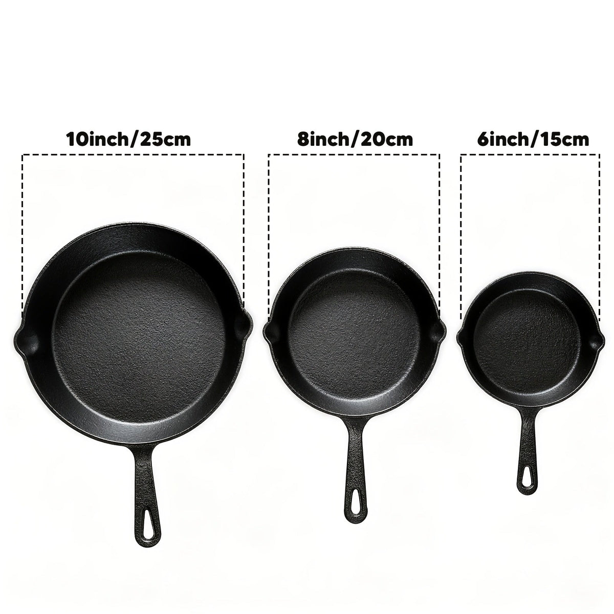 Ensemble de 3 poêles en fonte 15, 20 et 25 cm – Pré-assaisonnées, antiadhésives, ultra-résistantes, compatibles four, grill et feu de camp, répartition uniforme de la chaleur, pour steaks et pains de maïs – Ustensiles de cuisine rustiques