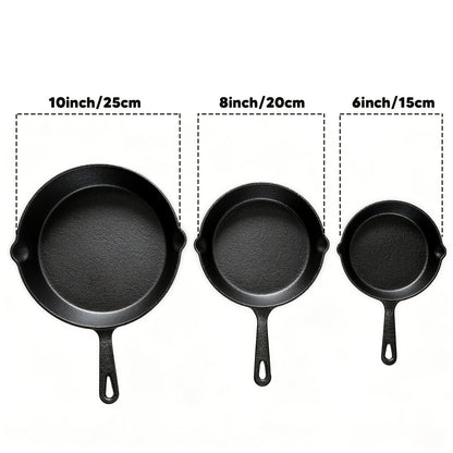 Ensemble de 3 poêles en fonte 15, 20 et 25 cm – Pré-assaisonnées, antiadhésives, ultra-résistantes, compatibles four, grill et feu de camp, répartition uniforme de la chaleur, pour steaks et pains de maïs – Ustensiles de cuisine rustiques