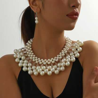 Parure collier et boucles d'oreilles bohème à pampilles en fausses perles, bijoux de mariée faits main multi-rangs, accessoires de mariage élégants perlés, cadeau pour elle