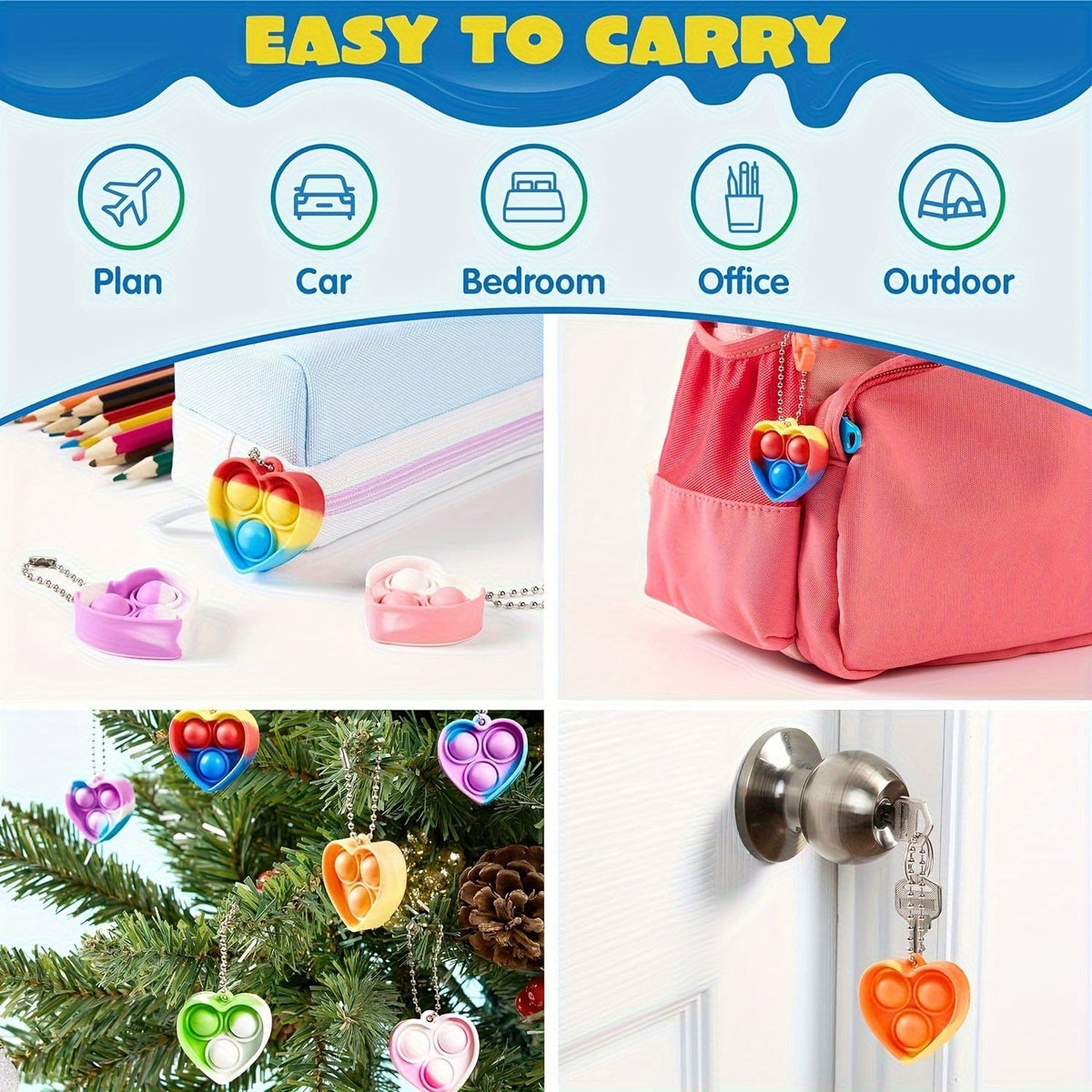 Lot de porte-clés sensoriels anti-stress pour enfants - 24 / 50 / 90 pièces, porte-clés multicolores avec attache, cadeaux d'invités, prix pour anniversaires, récompenses scolaires et surprises pour sacs de friandises d'Halloween