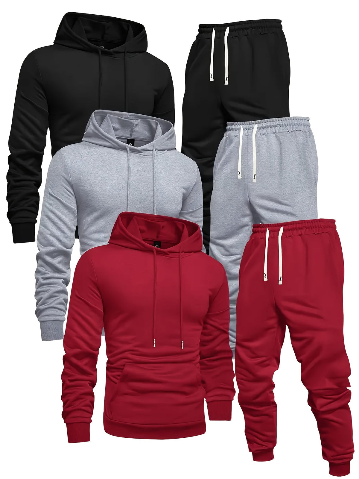 Ensemble de survêtement pour homme, lot de 6 pièces, sweat à capuche décontracté à manches longues avec cordon de serrage, pantalon de jogging, tissu tricoté, noir, rouge, gris, couleur unie, tenue de sport, coupe régulière, tenue d'entraînement.