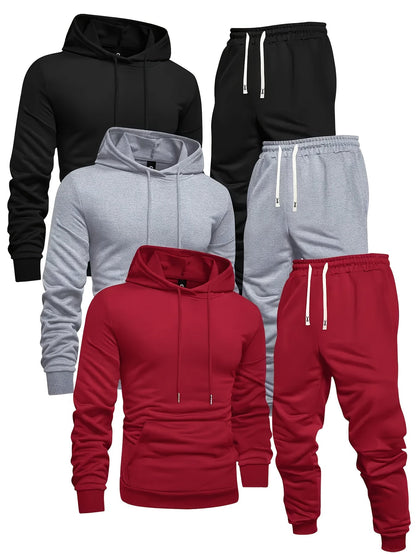 Ensemble de survêtement pour homme, lot de 6 pièces, sweat à capuche décontracté à manches longues avec cordon de serrage, pantalon de jogging, tissu tricoté, noir, rouge, gris, couleur unie, tenue de sport, coupe régulière, tenue d'entraînement.