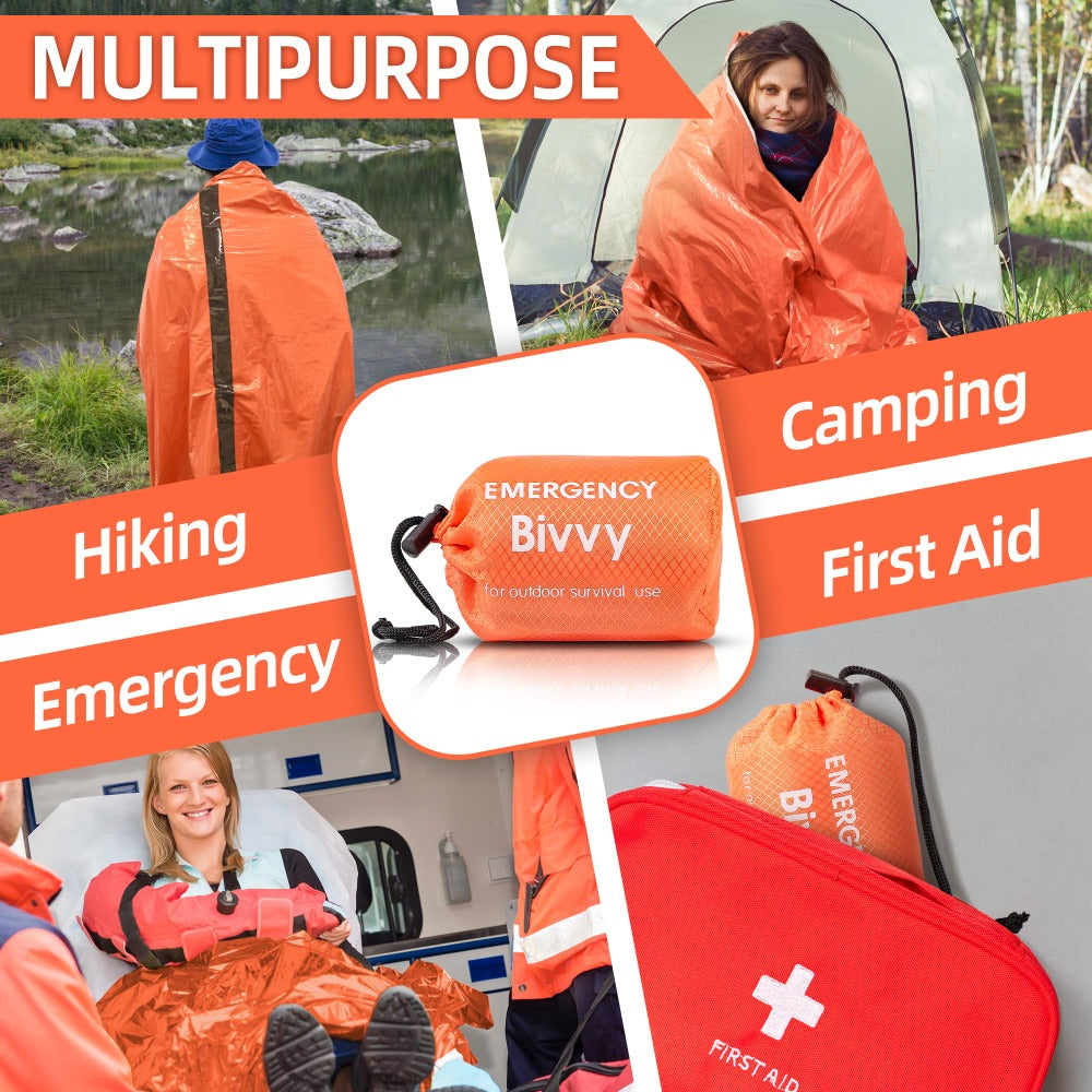 Kit de 4 sacs de couchage d'urgence en Mylar – 2 sacs de couchage thermiques de survie + 2 sifflets, abri portable léger pour le camping, la randonnée, le trekking, la survie en plein air et les urgences