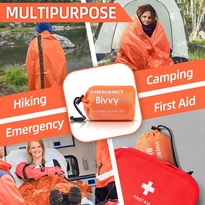 Kit de 4 sacs de couchage d'urgence en Mylar – 2 sacs de couchage thermiques de survie + 2 sifflets, abri portable léger pour le camping, la randonnée, le trekking, la survie en plein air et les urgences