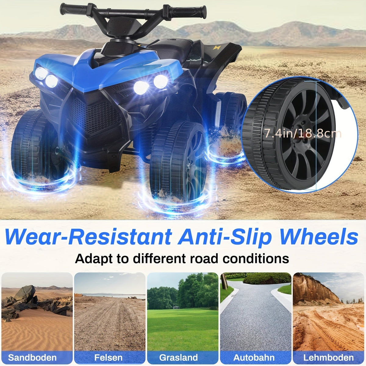 Quad électrique pour enfants avec phares, accélérateur à pédale, pneus tout-terrain antidérapants, capacité de 25 kg, vitesse de 3 km/h, jouet à enfourcher pour garçons et filles de 3 à 6 ans, cadeau d'anniversaire et de Noël, bleu, noir, rose, rouge