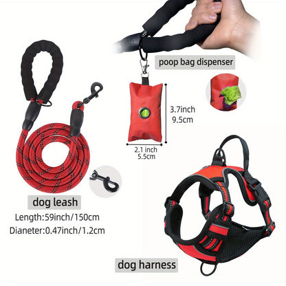 Ensemble laisse, harnais et distributeur de sacs à déjections pour chien – Harnais gilet réglable, respirant et anti-fugue pour chiens de taille moyenne à grande avec bandes réfléchissantes – Kit de promenade anti-traction rembourré avec porte-sac intégré
