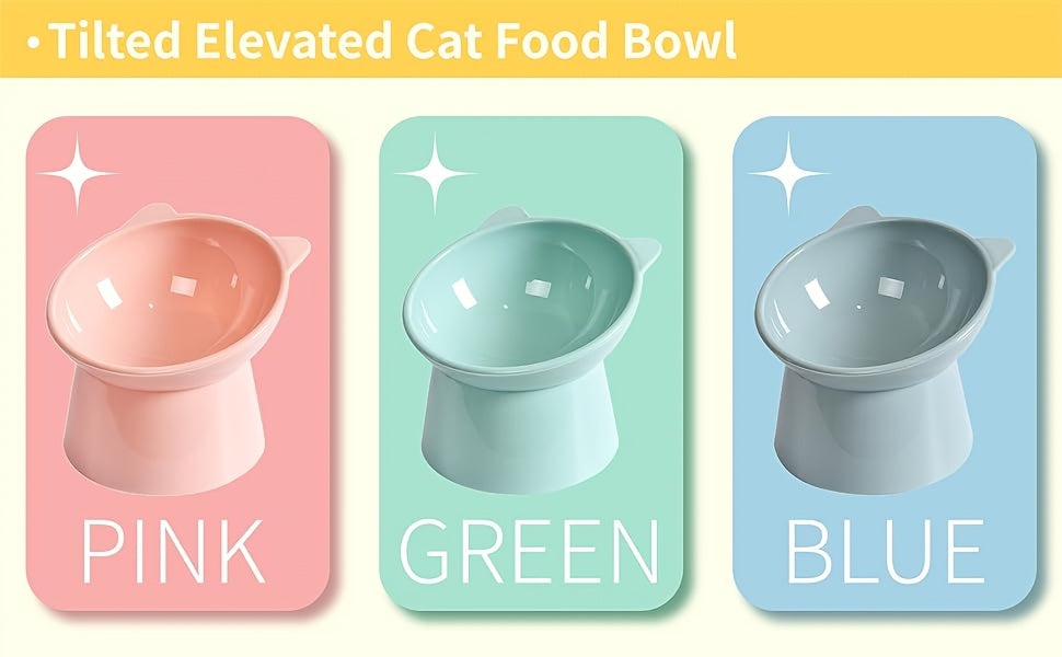 Ensemble de 3 gamelles surélevées pour chat en forme d'oreilles de chat, support antidérapant, design ergonomique pour le cou, écuelle pour animaux tricolore (rose, vert, bleu), idéal pour foyer à plusieurs chats
