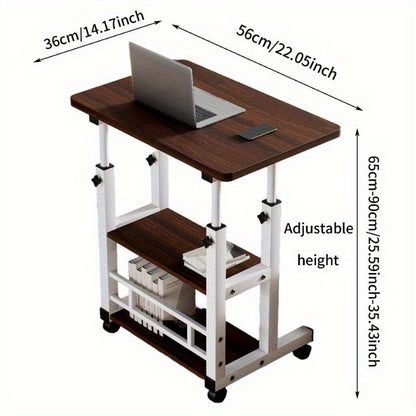 Bureau pliant à roulettes à 3 niveaux, hauteur réglable, plateau extensible, étagère de rangement pour ordinateur portable, bureau à domicile, chambre, salon, table d'ordinateur