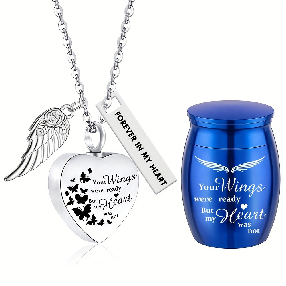 Lot de 2 colliers urnes funéraires en forme de cœur – Bijoux souvenir pour cendres humaines et d'animaux, pendentif porte-cendres commémoratif, « Tes ailes étaient prêtes, mais mon cœur ne l’était pas »