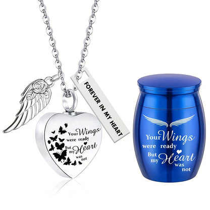 Lot de 2 colliers urnes funéraires en forme de cœur – Bijoux souvenir pour cendres humaines et d'animaux, pendentif porte-cendres commémoratif, « Tes ailes étaient prêtes, mais mon cœur ne l’était pas »