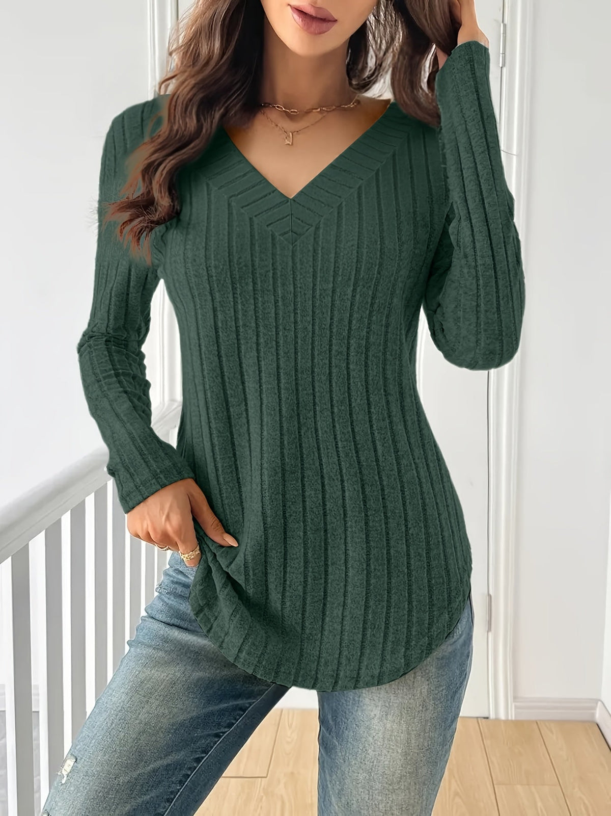 T-shirt à manches longues et col en V pour femme – Haut décontracté en maille côtelée extensible et douce pour le printemps, l'automne et l'hiver | Multicolore S-XXL
