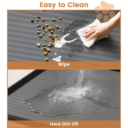 Tapis d'alimentation imperméable pour animaux 91 x 61 cm – Grand tapis antidérapant pour nourriture pour chien et chat – Bords surélevés, rainures de dérivation, facile à nettoyer, tapis de gamelle pour nourriture et eau, gris