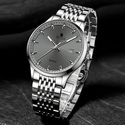 Montre à quartz de luxe pour homme RUIGE en acier inoxydable avec calendrier, fonction nocturne et strass - Montre sport, habillée et décontractée pour homme, cadeau pour lui