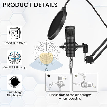 Kit d'enregistrement avec microphone à condensateur et carte son BM800 – Pack studio à domicile pour podcasting, streaming, voix off et musique, compatible avec PC, smartphone et tablette, plusieurs modèles disponibles